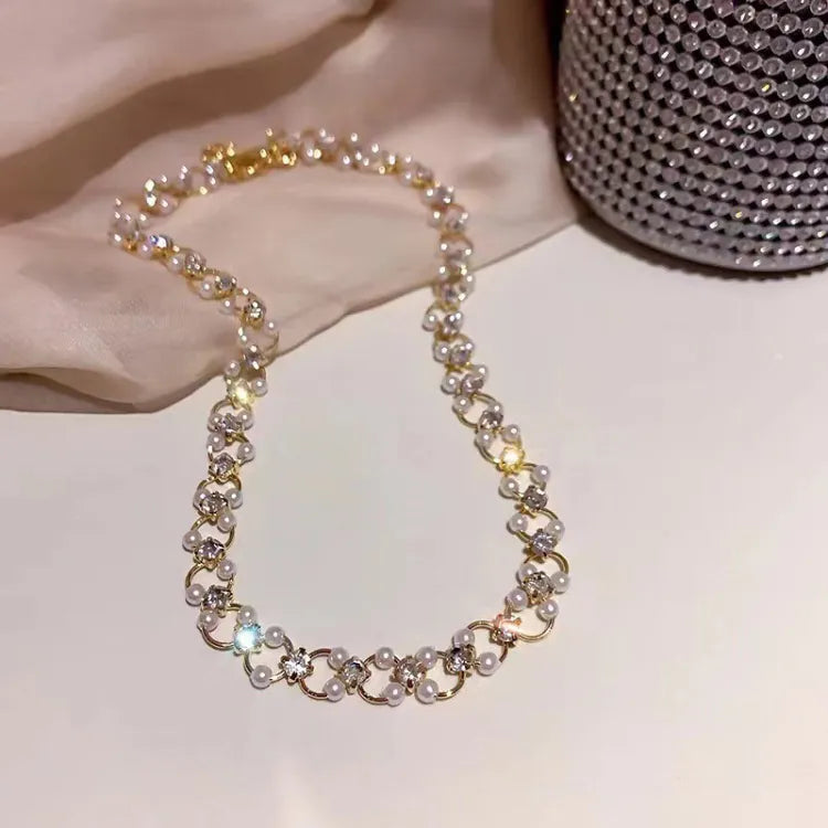 Korean Elegant Pearl Necklace Simple Shining Choker Women Fashion Accessories Jewelry Qoddess