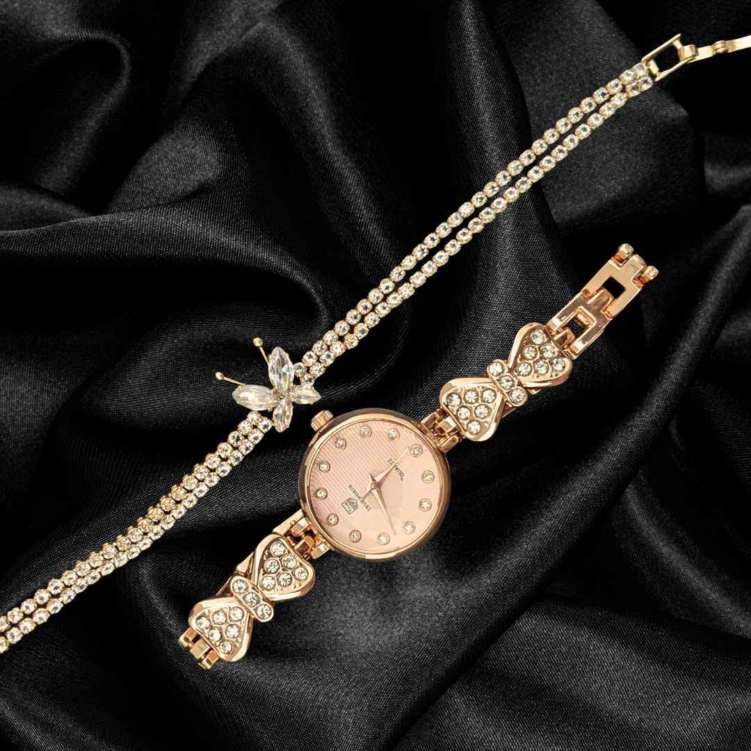 Whimsical Enchantment 5PCS Jewelery Set: Lemonade Pink Luxury Watch, Butterfly Bracelet, Star Necklace and Earrings