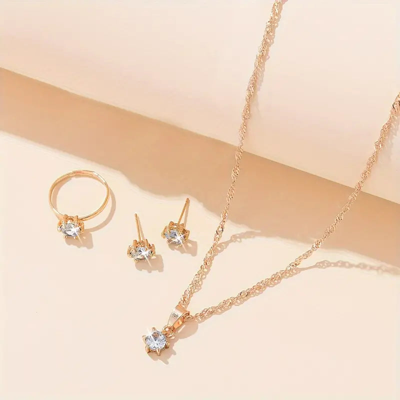 6 PCS New Luxury Love Rhinestone Jewelry Ladies Ring Necklace Earrings Bracelet Set Simple Digital Steel Strap Quartz Watch