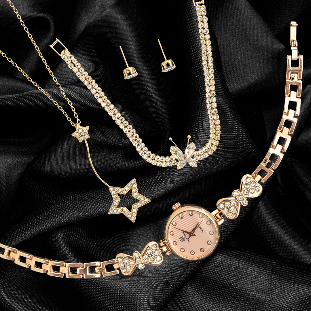 Whimsical Enchantment 5PCS Jewelery Set: Lemonade Pink Luxury Watch, Butterfly Bracelet, Star Necklace and Earrings