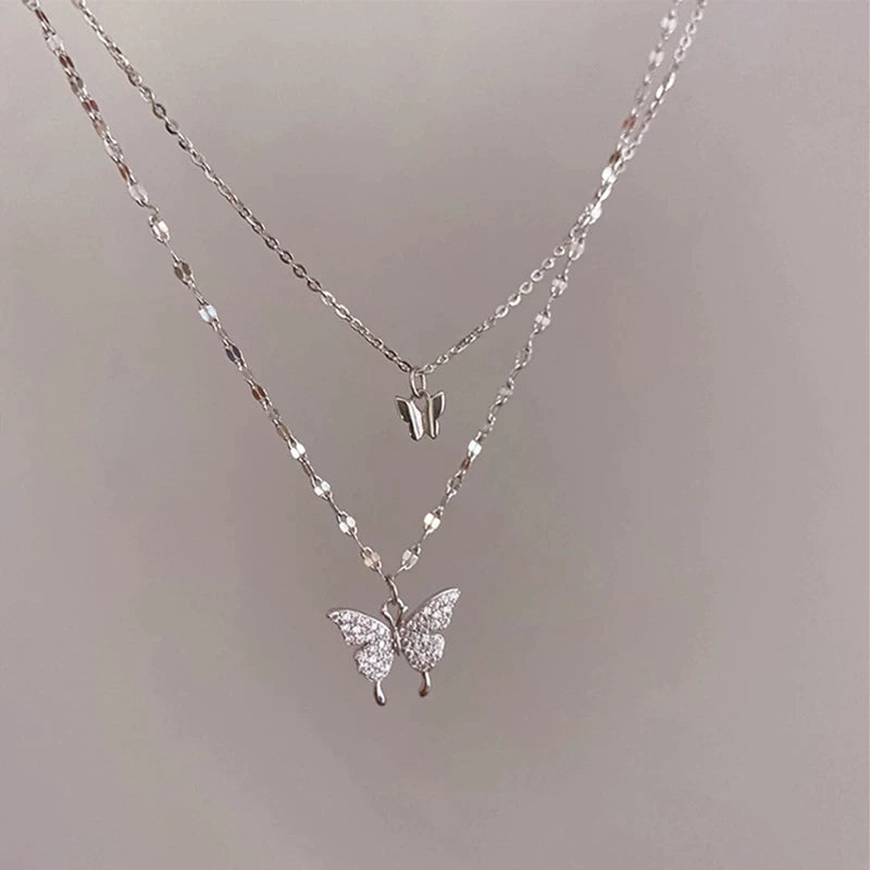 Luxury Silver Double Butterfly Necklace Pendant