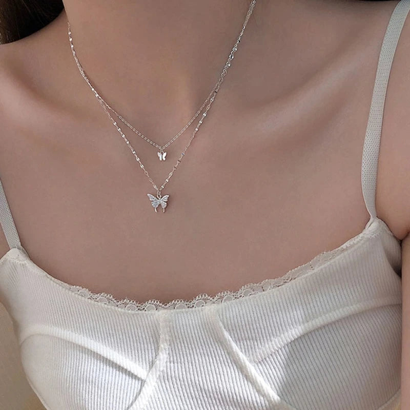 Luxury Silver Double Butterfly Necklace Pendant