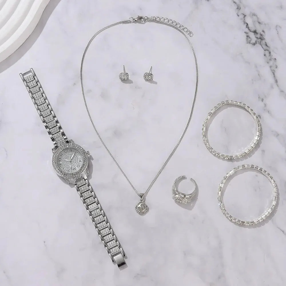 6PCS Women Watch Luxury Elegant Alloy Watch Crystal Wristwatch For Ladies Gift Quartz Watch Alloy Rhinestone Bracelet Montre