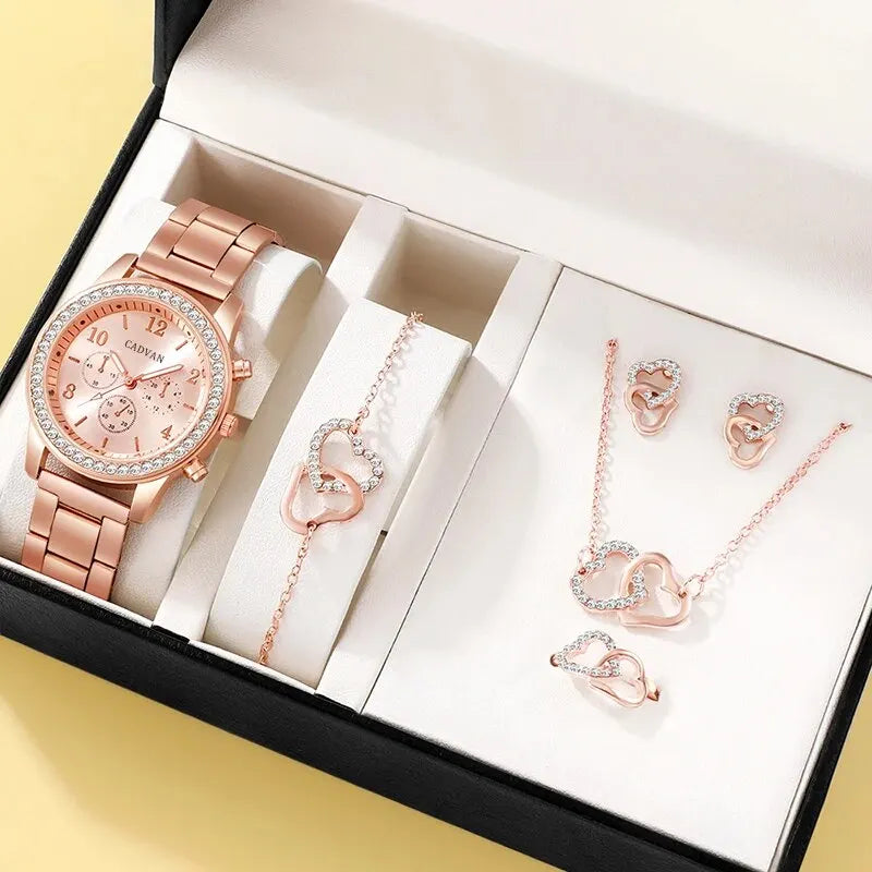 6PCS Set Rose Gold Luxury Watch Women Ring Necklace Earring Rhinestone Fashion Wristwatch Casual Ladies Bracelet Watches