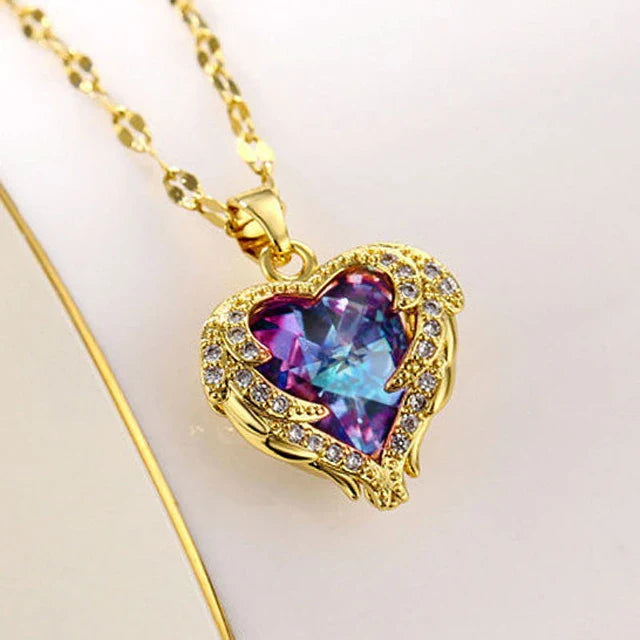 Fashion Ocean Heart Necklace Heart Angel Wings Colorful Crystal Pendant Chain Necklace Wedding Jewelry Gifts For Women Girls