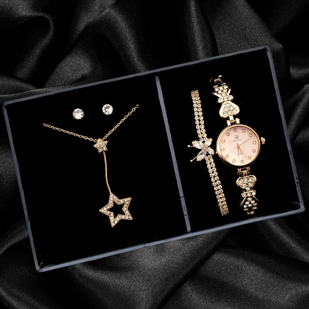 Whimsical Enchantment 5PCS Jewelery Set: Lemonade Pink Luxury Watch, Butterfly Bracelet, Star Necklace and Earrings