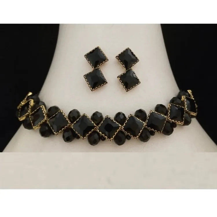 Premium Quality Black Stones Choker Necklace With Earrings Set
